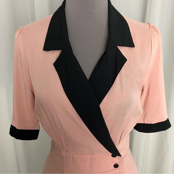 ASOS Retro Pink & Black Contrast Collar Button Half Sleeve Wrap Mini Dress UK 6 - Picture 5 of 16